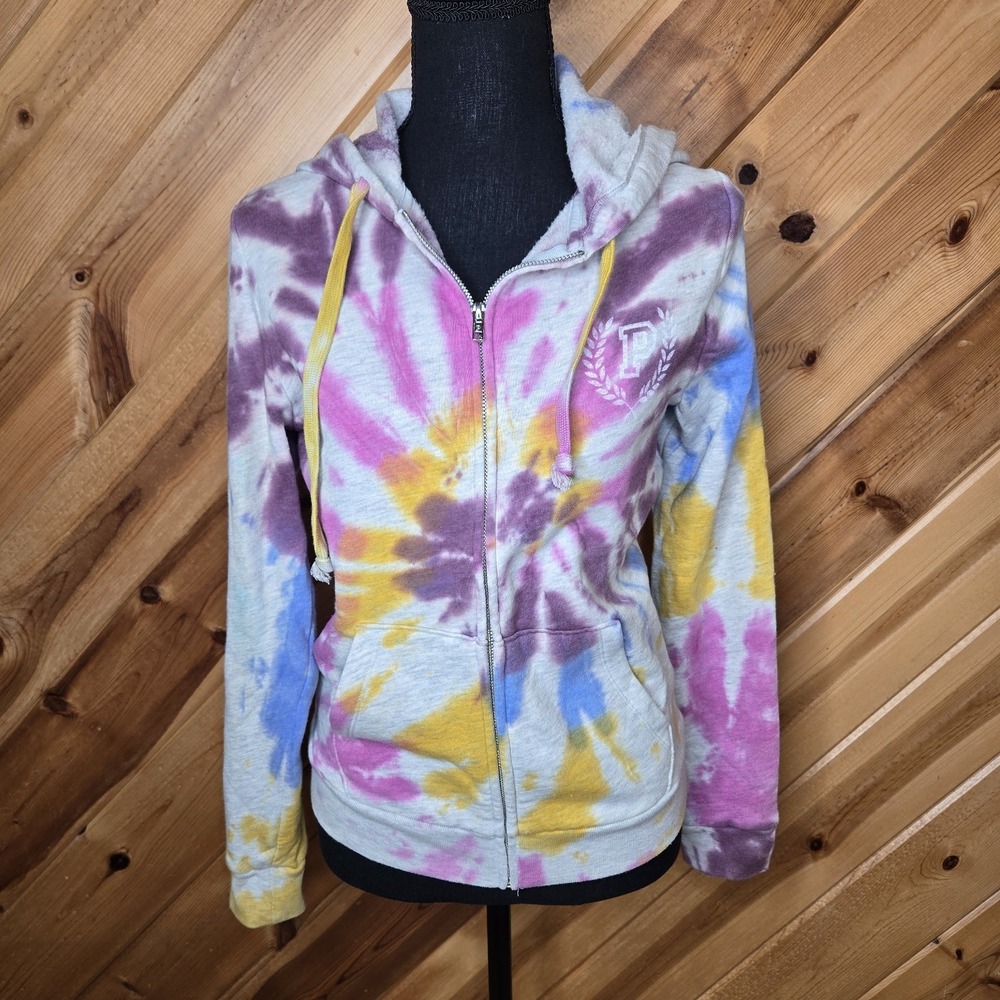 Victoria's Secret Pink Hoodie Tie‎ Dye Full Zip Size S Heather Stone Gray Dahlia